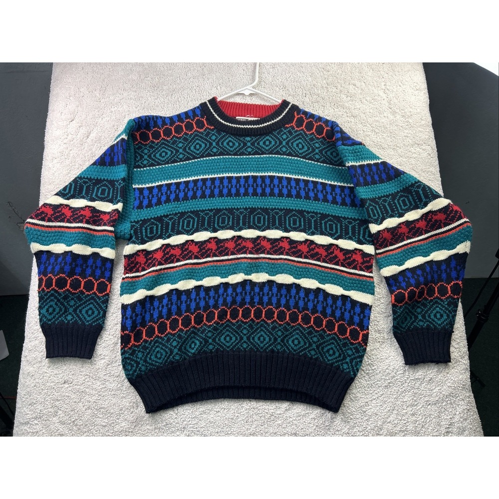 Vintage Urban Works Sweater Mens‎ Med Colorful Leather Trim Dad Grandpa 90s Y2K